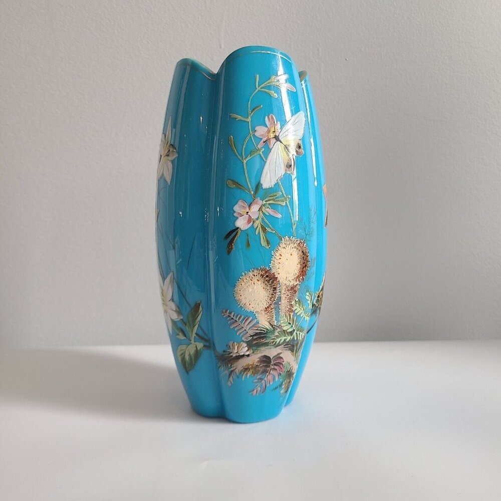 Blue opaline milk glass vase handprinted Thistle butterfly flower antique 19th c